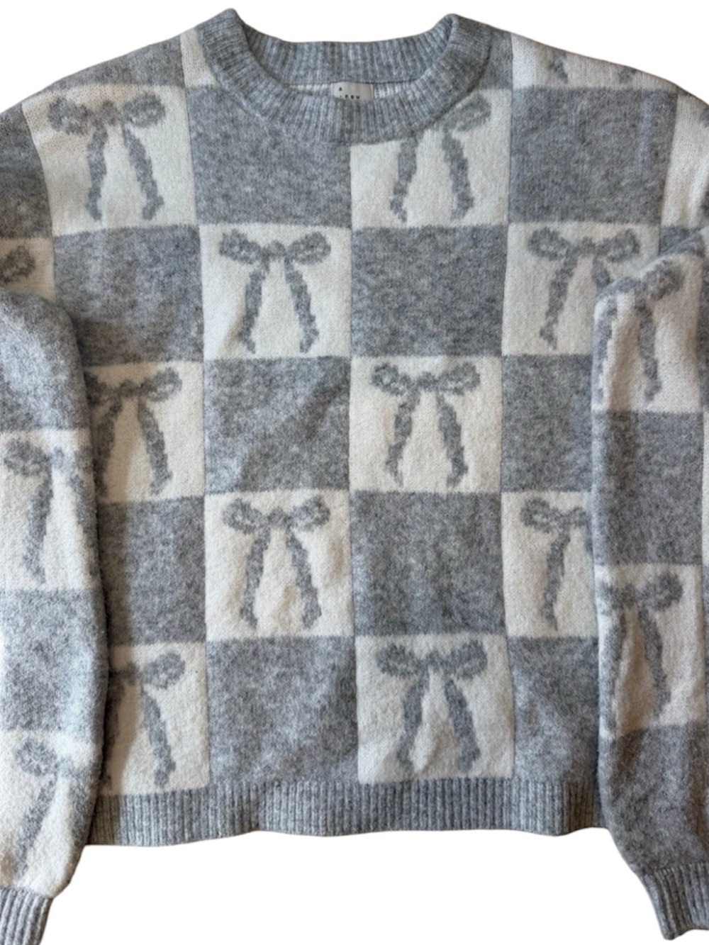 A new day Gray and Cream Checkerboard Bow Knit Sweater - Women 1X